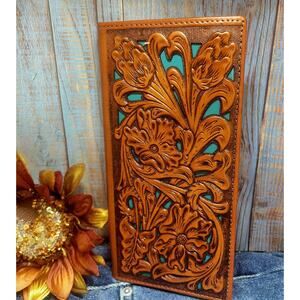 Western GENUINE LEATHER Wallet hand Tooled Long Bifold Checkbook teal and brown